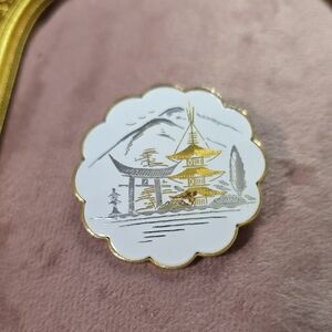 Vintage Amita Japan Scalloped Enamel Pin with Pagoda Design